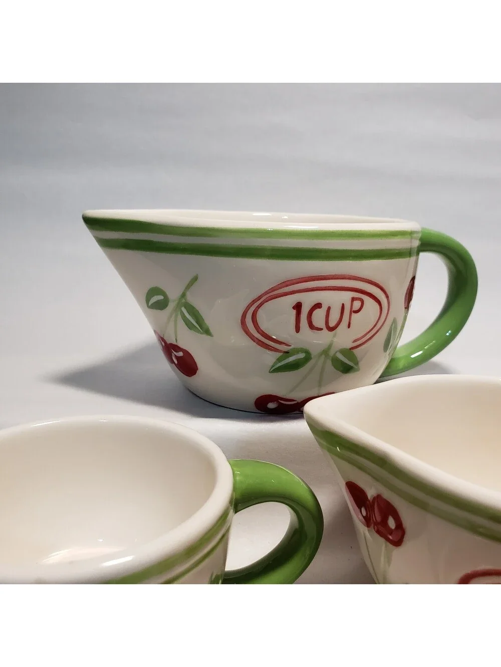 Pier 1 Imports Measuring Cup Set Cherries Ceramic 4 piece Kitchen Green Red